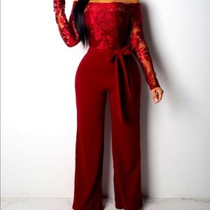 Burgundy Lace Long Sleeve Jumpsuit